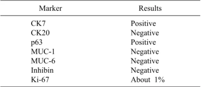 Table 1. Summary of immunohistochemical stains  Marker Results CK7 CK20 p63 MUC-1 MUC-6 Inhibin Ki-67 Positive NegativePositiveNegativeNegativeNegative About 1%