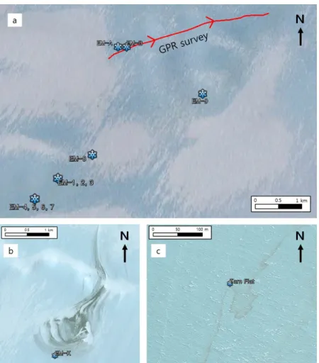 Fig. 3. Aerial photographs of study areas (Google Earth). (a) EM-1~EM-9 sites where surface ice was collected  in 2014-15 and EM-A~EM-K were cored in 2016-17 during austral summers