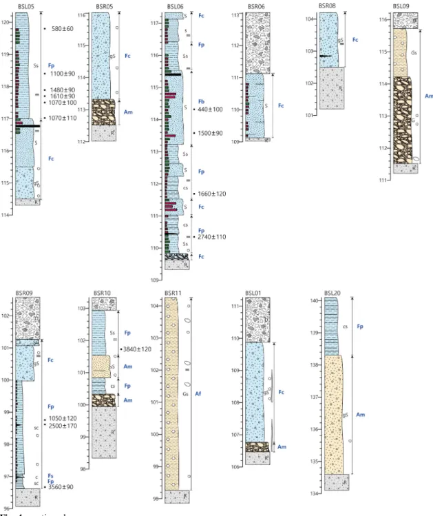Fig. 4. continued. 군 노동면 금호리 퇴적층(BSL03)에서 1,070년 전 이후, 보성군 보성읍 쾌상리 퇴적층(BSL07)에서 2,240년 전 이후, 보성군 보성읍 도개리 퇴적층(BSL26)에서 3,130년 전 이후, 보성군 문덕면 죽산리 퇴적층(BSR13)에서 11,010년 전 이후, 보성군 미력면 화방리 퇴적층(BSR01)에서  1,510년 전 이후, 보성군 겸백면 용산리 퇴적층(BSR02)에서 10,610년 전 이후, 보성군 겸백면 