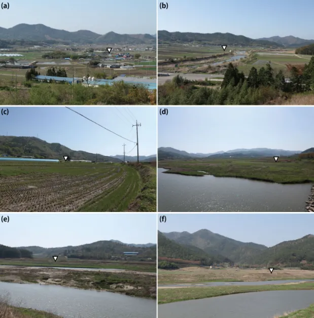 Fig. 2. Overview of borehole sites. Reverse triangle symbols in the photos show the location of drilling sites; BSL23  (a), BSL22 (b), BSL09 (c), BSR09 (d), BSR10 (e), BSR11 (f).시추주상시료는 자갈과 모래가 많은 지층의 시추과정에서 일부 시료가 교란될 가능성이 있고, 모래 및 자갈층의 퇴적구조가 시추시료에 명확히 남아