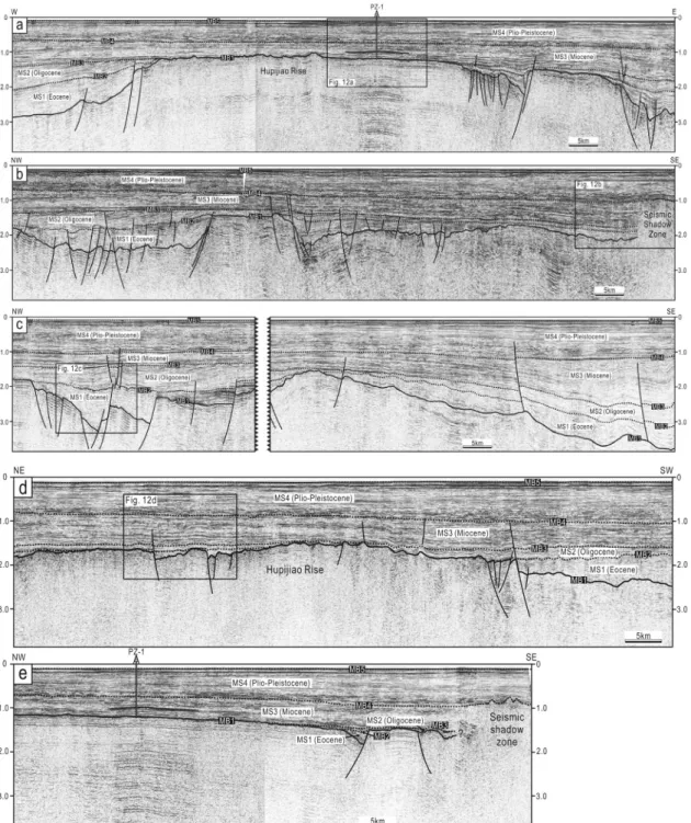 Fig. 5. Interpreted seismic sections. (a) MS1 and MS2 mainly occur within half-grabens of basement lows, whereas  MS3 completely covers the underlying Hupijiao Rise