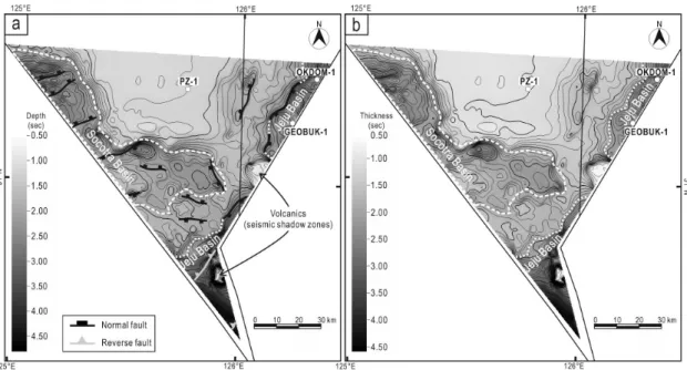 Fig. 6. Time structure map of MB1 (a) and isochron map of whole sedimentary sequences (b) Contours in sec  (two-way travel time).