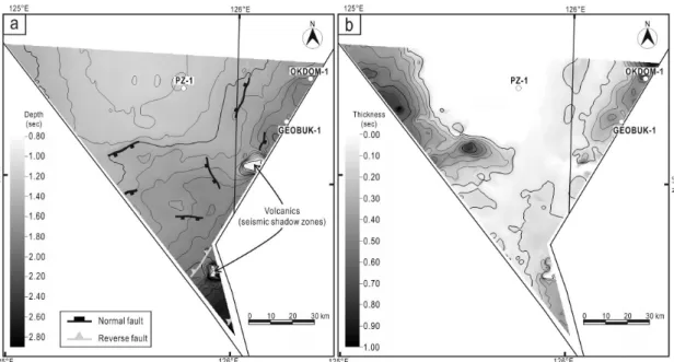 Fig. 9. Time structure map of MB4 (a) and isochron map of MS3 (b). Contours in sec (two-way travel time).