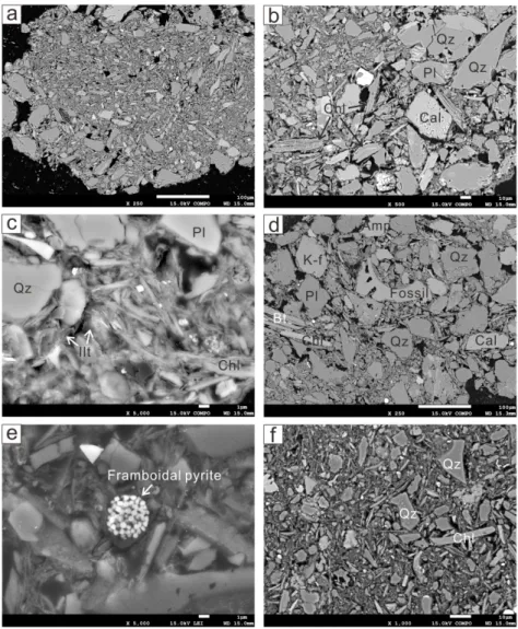 Fig. 4. SEM photography of samples from the U Formation. A, B and C are from H-1, D and E are from M-3, F is  from J-1