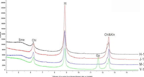 Fig. 5. X-ray diffraction pattern of samples from the U Formation. Qz: quartz, Pl: plagioclase, K-f: K-feldspar, Amp: 