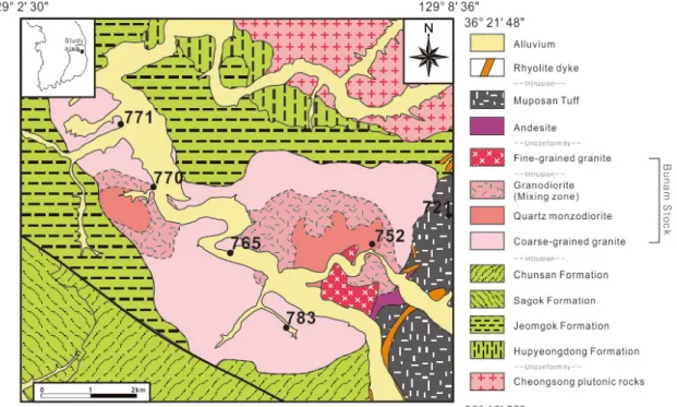 Fig. 1. Geological map around the Bunam Stock, showing sample locations of the present study together