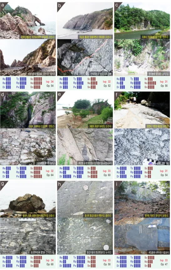 Fig. 6. Photographs of representative geological heritages (Class-III) with results of assessment