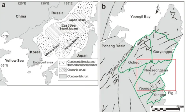 Fig. 1. Regional geological maps around the study area. (a) Simplified geologic map of the East Sea (after Jolivet  et al., 1991)