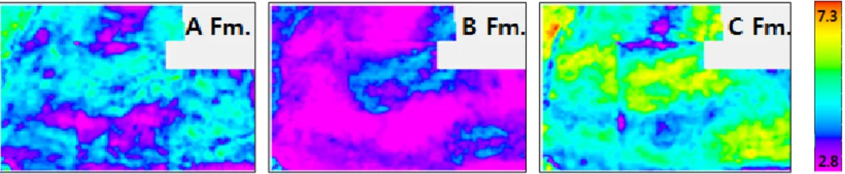 Fig. 7. Average TOC maps predicted from Probabilistic Neural Network method. C formation shows the highest TOC values among A, B and C formations