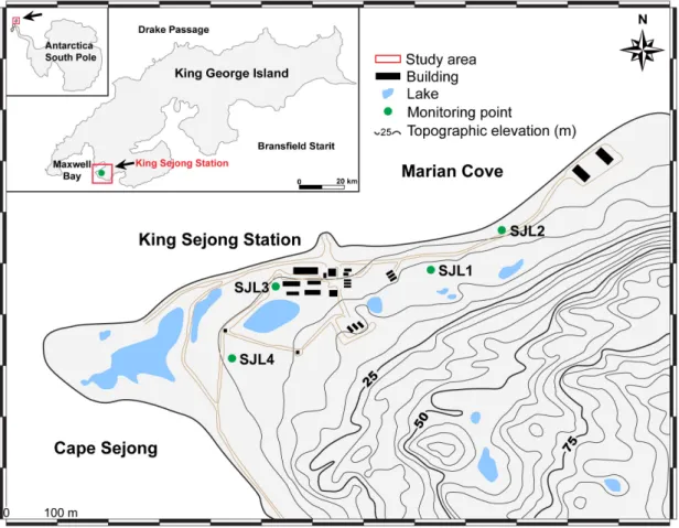Fig. 1. Location map of the study area showing the monitoring sites for soil temperatures (SJL1 to SJL4).2.3  시계열 분석연속적인 자료와 주기성을 가지는 자료를 통계적인 방법으로 해석하기 위해 시계열 분석에서 일반적으로 많이 사용하는 자기상관(auto-correlation)분석과 교차상관(cross-correlation)분석을 수행하였다(Larocque et al., 1