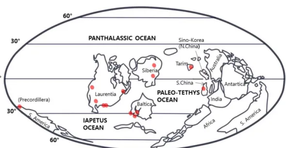 Fig. 4. Recent version of middle Ordovician Paleogeographic map dotted with MDICE studied areas (red points)