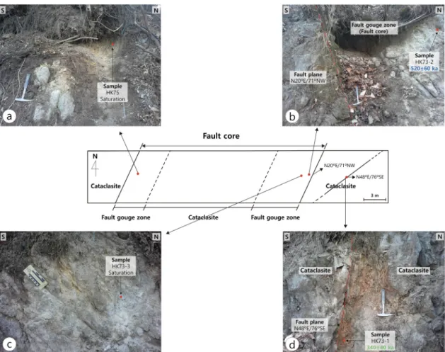 Fig. 8. Schematic diagram across the fault core at site C and sampling locations and ESR ages