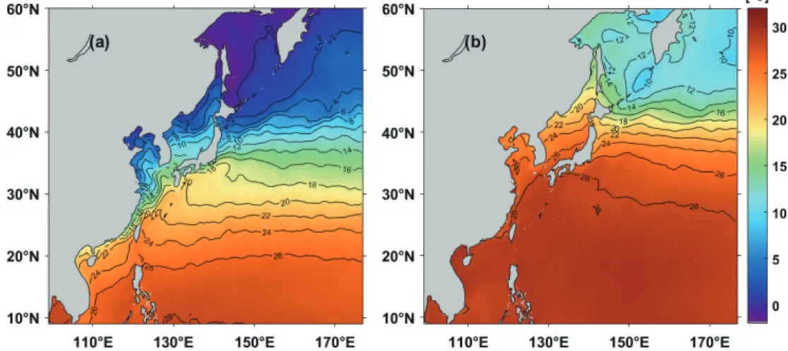 Fig. 1.  Climatological sea surface temperature distributions in (a) February and (b) August in the Northwest Pacific.