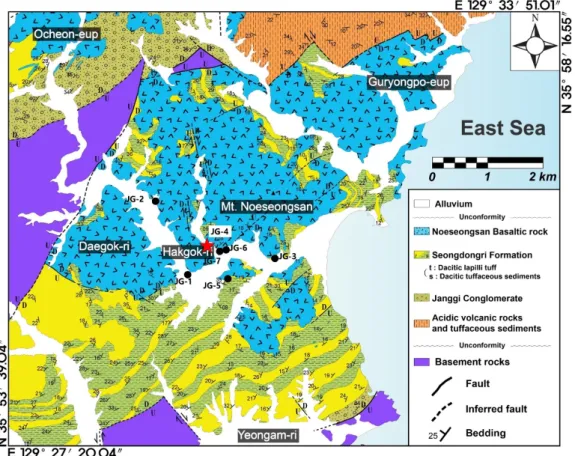 Fig. 2. The geological map of study area with the location of boreholes (modified from Kim et al., 2015).