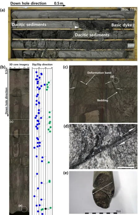 Fig. 7. (a) A representative drill core from 566 to 571 m depth in borehole JG-4. (b) Unrolled 3D scanning image  (ca