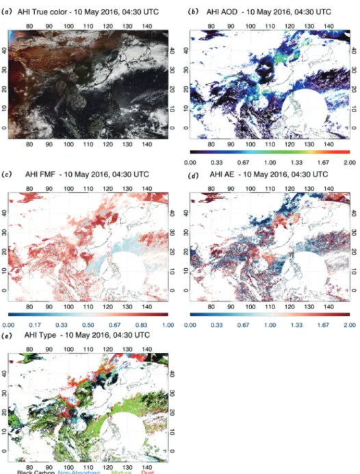 Fig. 3.  10 May 2016, 04:30 UTC (a) RGB image, (b) AOD(550 nm), (c) FMF(550 nm), (d) Angstrom Exponent(470-640 nm) and (e) Aerosol Type.