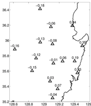 Fig. 9. Distribution of P-wave station corrections applied during the joint hypocenter determination.