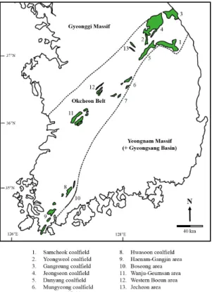 Fig. 1. Distribution of the Pyeongan Supergroup in  South Korea. 는 이를 암상과 식물 화석 등에 근거하여 하부에서부터 홍점통,  사동통,  고방산통,  녹암통으로 세분하여 정리하였다