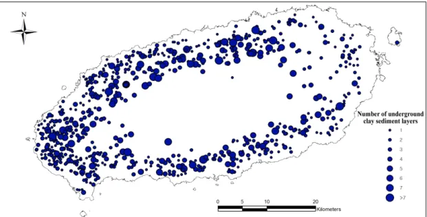 Fig. 2. Number of occurrence of the underground clay sediment layers (JSSGP Water Resource Headquarter, 2001,  2012)