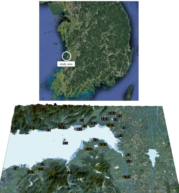 Fig. 1. 3-D map showing the geomorphology of the study area (around the Gomso Bay).로 부터의 거리가 멀기 때문에, 장거리 운반을 위하여 영광과 부안 일대를 중심으로 소금을 이용한 염장 기술이 발달하였다
