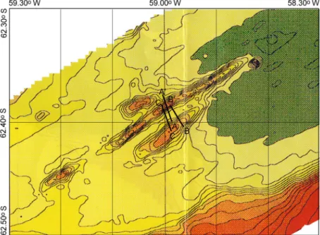 Fig. 2. Bathymetry of the central Bransfield Basin and three CTD towing line (A'-A, B'-B and C'-C)
