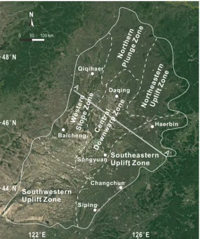 Fig. 2. Location map showing the Songliao Basin and its structural units. Base map from Google Earth