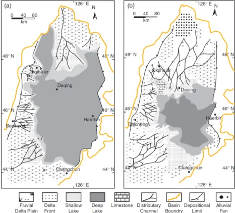 Fig. 5. Depositional facies map of the first (a) and second and third members (b) of the Qingshankou Formation