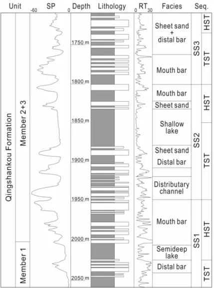 Fig. 6. Higher order sequence stratigraphic profile in a downdip-type well in the Sifangtuozi 3-D survey