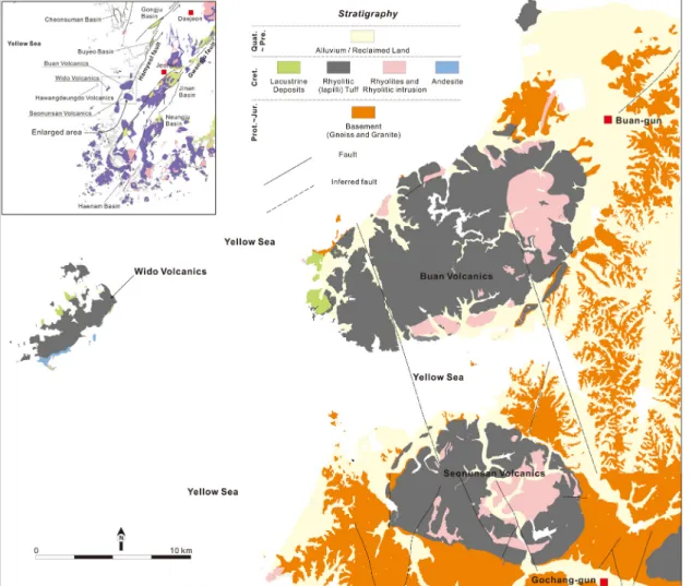 Fig. 1. Geologic map of the Buan and Gochang area (modifed from Chwae et al., 1995; Lee and Lee, 2001; Koh  et al., 2013; Choi and Hwang, 2013).