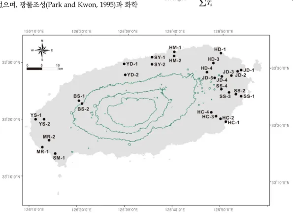 Fig. 1. Borehole location map of natural gamma logs.도검층과 전기비저항검층 자료들이 참고되었다. 활 용된 모든 감마곡선들은 U, Th K를 함께 측정한 전 성분 자연감마검층의 형태로 획득된 것이다