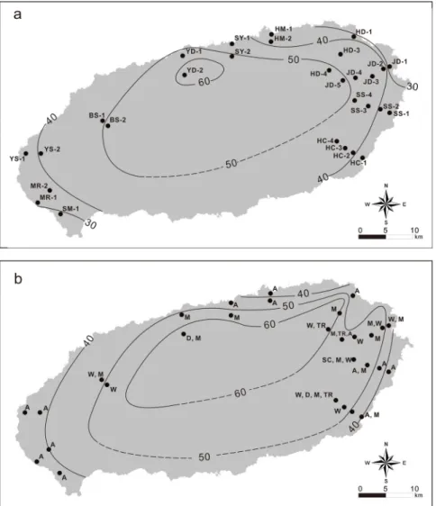 Fig. 3. Distribution pattern of natural gamma intensities of volcanic rocks averaged for all volcanics (a) and averaged  for V layer (b) in each borehole section
