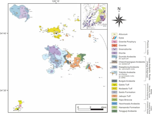 Fig. 1. Geological map around the Yokjido, showing sample locations of the present study together.음이온(O2-)을 이용하였으며, 이때 이온빔의 직경은 25 μm이고 세기는 4-6 nA이었다