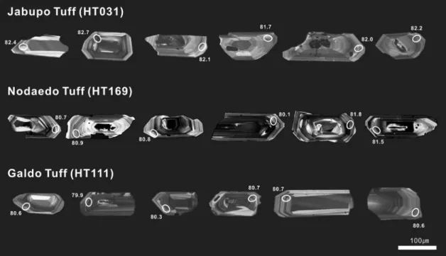 Fig. 3. Representative Cathodoluminescence images of the analysed zircon grains, showing the location of analytical  spots and  206 Pb/ 238 U ages in Ma, separated from the Jabupo Tuff (HT031), Nodaedo Tuff (HT169) and Galdo Tuff  (HT111)