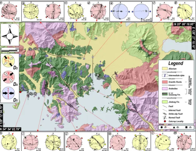 Fig. 8. Slip data obtained from the post-depositional faults and fold axes estimated from best-fitting π-circle of various  attitudes of fold limbs (lower-hemisphere, equal-area projection)