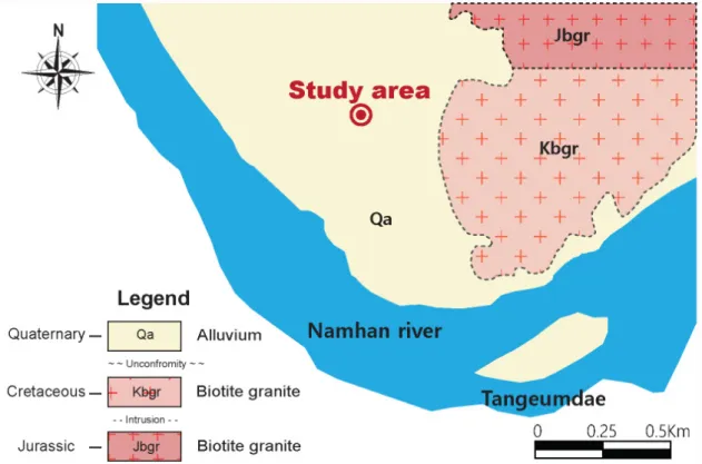 Fig. 2. Geological map of the study area modified from KIGAM (2017).의 모식도이다.3.  연구지역 및 방법3.1  연구지역연구부지는 행정구역상 충청북도 충주시 금가면 오석리 일원으로 주로 수막재배와 논농사가 이루어지고 있으며 관개수로 등이 잘 정비되어 있다