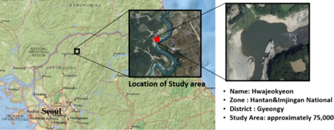 Fig. 1. Study area. 성이 된다. 2단계는 인접 이미지간 동일 키포인트를 서로 매칭시키는 단계이다. 3단계는 앞서 매칭된 키포인트들의 3차원 상하좌우 관계를 규명하기 위해 SfM 알고리즘이 적용되는 단계로, SfM 알고리즘 적용 후 1차적으로 밀도가 낮은 포인트 클라우드(coarse point cloud)가 생성되고 2차적으로 카메라 매개변수를 이용한 MVS (Multi-View Stereo, 이하 MVS)알고리즘이 포인트 클라우드의 밀도를