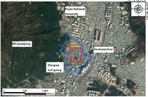 Fig. 1. Dongrae hot spring area in Busan city (Google Earth, 2017).온천수위 변동 특성을 파악하고,  미래의 온천수위 변화를 예측하였다.2