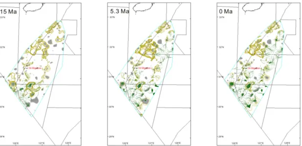 Fig. 6. 3-D migration and accumulation model of oil in the reservoir bed. Green line: oil migration pathway, Green  area: oil trap, Gray area: vacant trap.