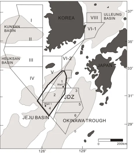 Fig. 1. Location map of the Jeju Basin and the study area with pseudo-wells (modified from Oh et al., 1997 and  KNOC, 2018).1