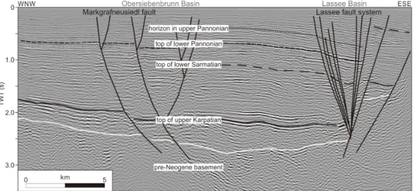 Fig. 10. A seismic section through the study area (see Figure 1c for location; revised from Beidinger and Decker,  2011)