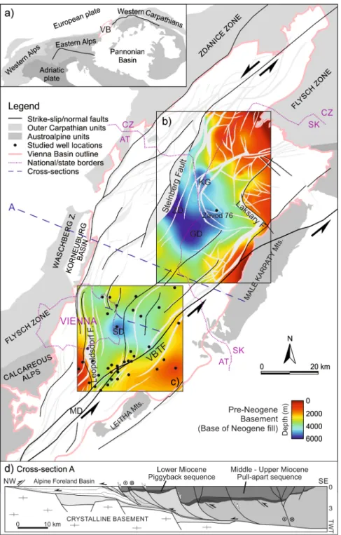 Fig. 1. a) Tectonic sketch map of the east Alpine-west Carpathian region, and the structure map of the Vienna Basin  showing the faulted pre-Neogene basement surface and location of cross-section A