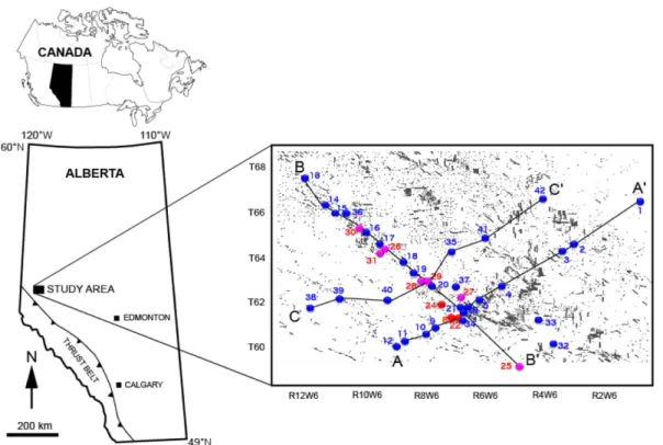 Fig. 3. Location map of the study area in the northwest of the Alberta Basin containing the locations of well logs selected for lithostratigraphic cor- cor-relations