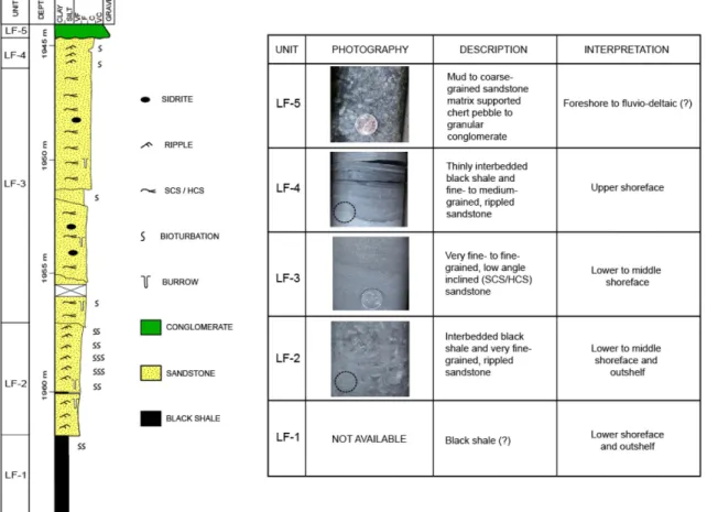 Fig. 4. A stratigraphic log based on the core descriptions of 11-07-63-05W6 (left panel) and the details of the lithostratigraphic units identified (right panel)