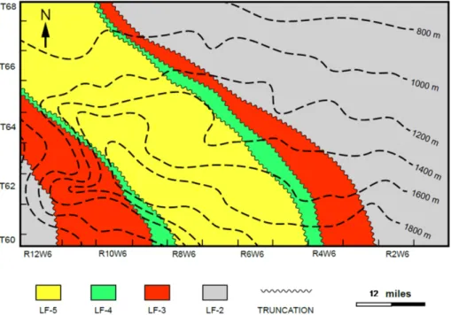 Fig. 6. Structural contour map of the Chinook Member on top of the LF-5 indicated by the dashed line