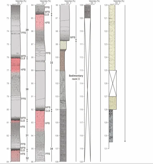 Fig. 3. continued. 현무암(MPB)으로 구분되었다(표 1).  이 구간에 해당되는 암상은 대체로 5 mm 이하의 원형 또는 아원형 기공이 우세하나 특징적으로 수평 또는 수직적으 로 신장(보통 10 mm 이상)된 파이프 형태의 기공이 관찰된다(그림 3,  4)