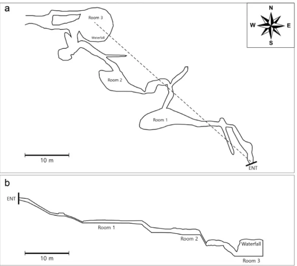 Fig. 2. The cave map of the Baek-ah-san cave. a) A projected plan view of the cave with the datum line for the projected  profile (note the dashed line)