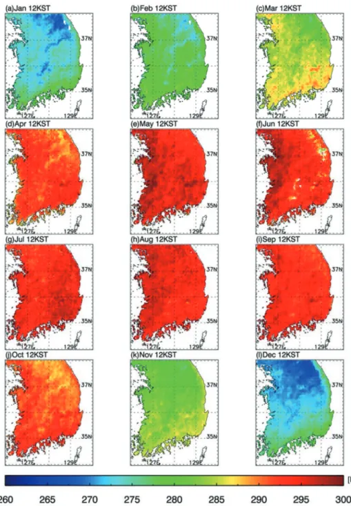 Fig. 5.  (b) Spatial distribution of COMS IR1 channel monthly brightness temperature background, at 12KST.