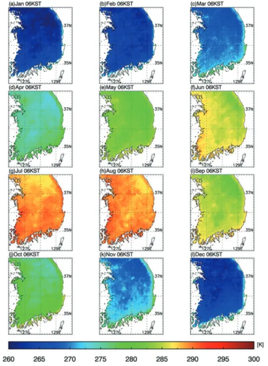 Fig. 5.  (a) Spatial distribution of monthly background brightness temperature at 06KST from COMS IR1 channel at 06KST.