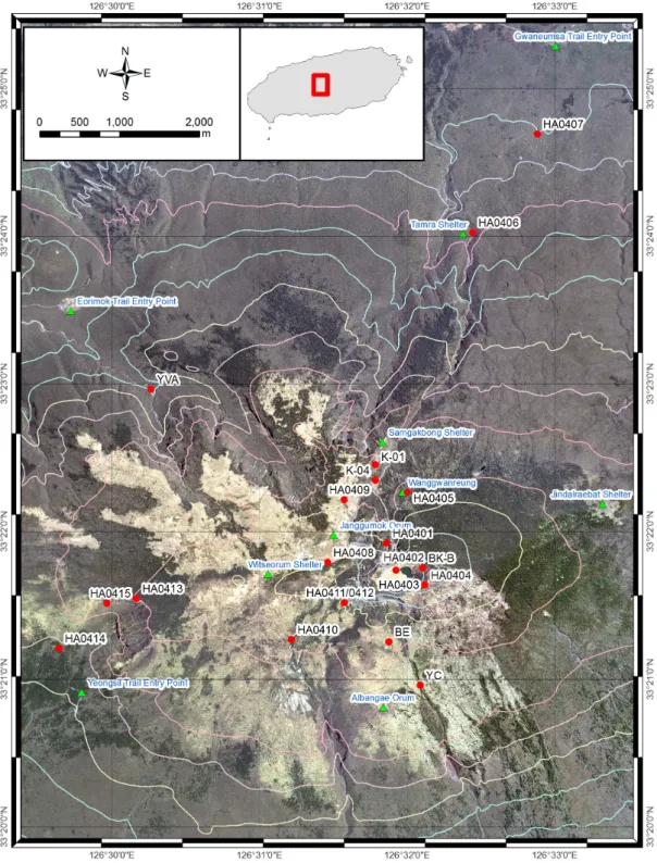 Fig. 2. Map of sample locations in Mt. Halla, Jeju Island (contour interval in 100 m).