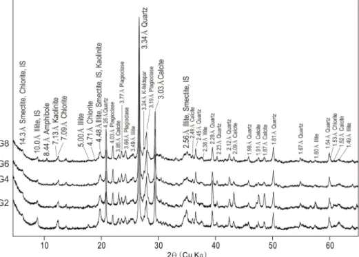Fig. 6. X-ray diffraction patterns of clay-silt fractions of Gobi desert soils. Random mounts